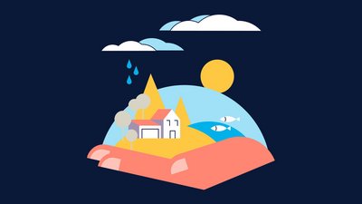 Der Schutz von Umwelt und Gesundheit ist für Kuraray ein zentrales Ziel. Blaues Bild als Graphic mit graphischem Haus und Himmel im Bild