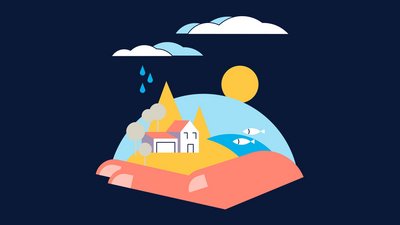 Protecting the environment and health is a key objective for Kuraray. Blue picture as graphic with graphic house and sky in the picture