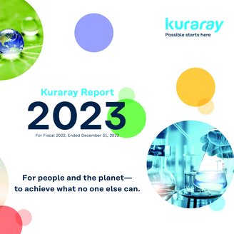 Grafik für den Download des Kuraray Reports 2023 mit lila, gelben und grünen Kreisen