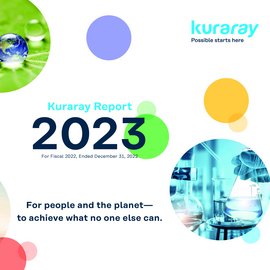 Grafik für den Download des Kuraray Reports 2023 mit lila, gelben und grünen Kreisen